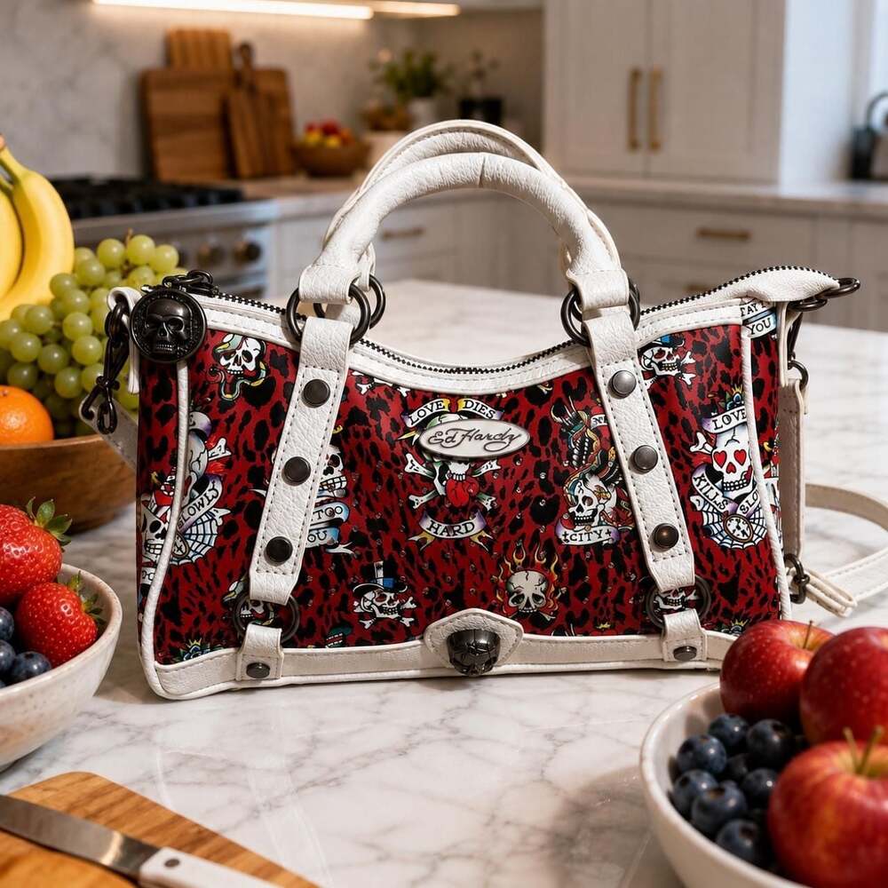 Ed Hardy Y2K Red Leopard Tattoo Skull Satchel Crossbody Bag